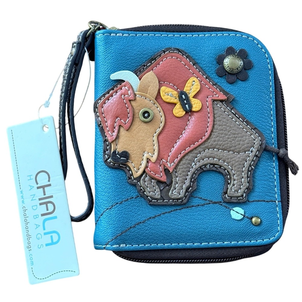 Chala Zip Around Wristlet Wallet Teal Blue Bird Vegan Leather NWT 5.5x4.5